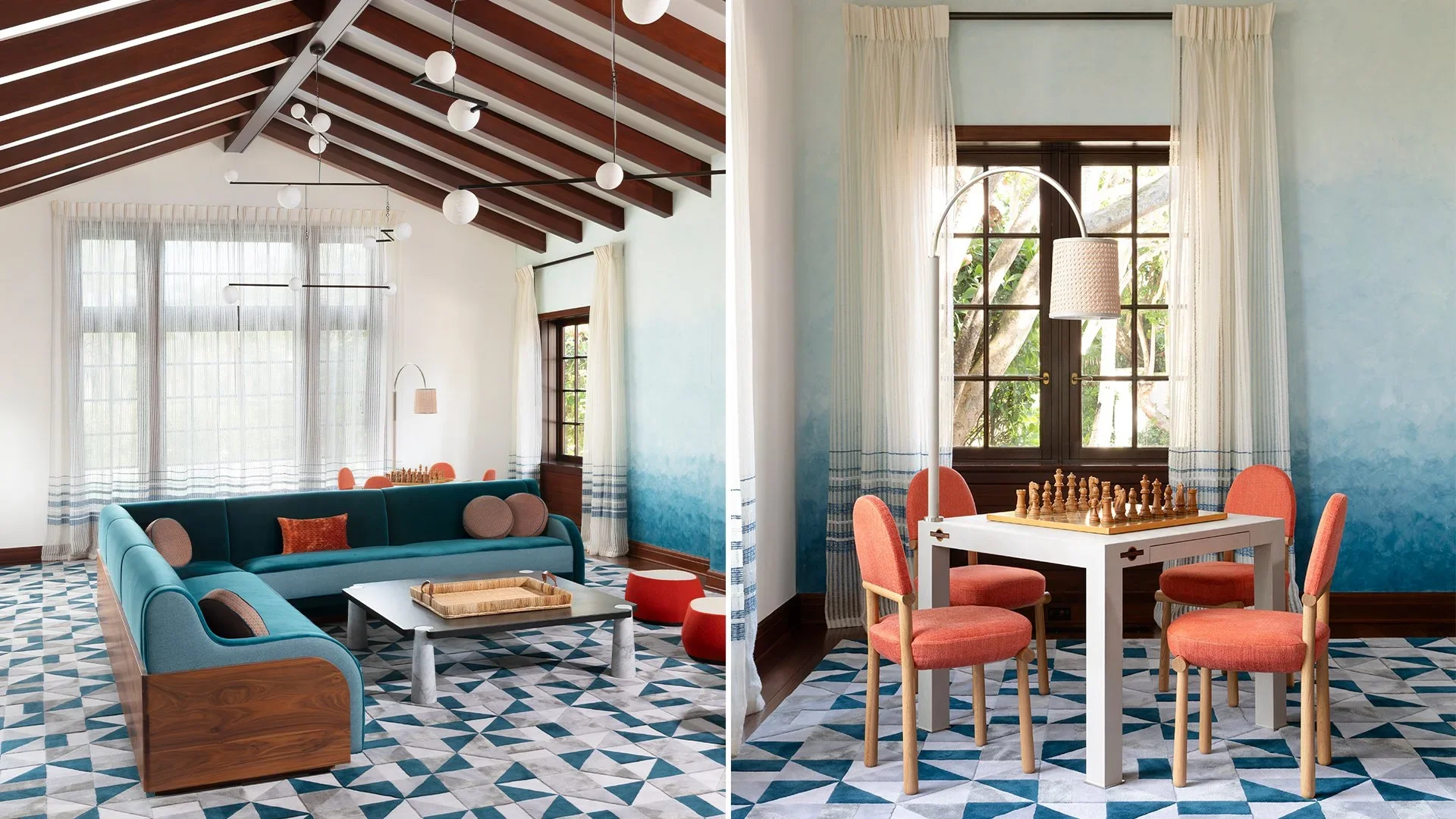 A living room and a dining area in a house with similar blue patterned tile floors, featuring large windows with sheer curtains, and modern furniture in pastel and warm tones.