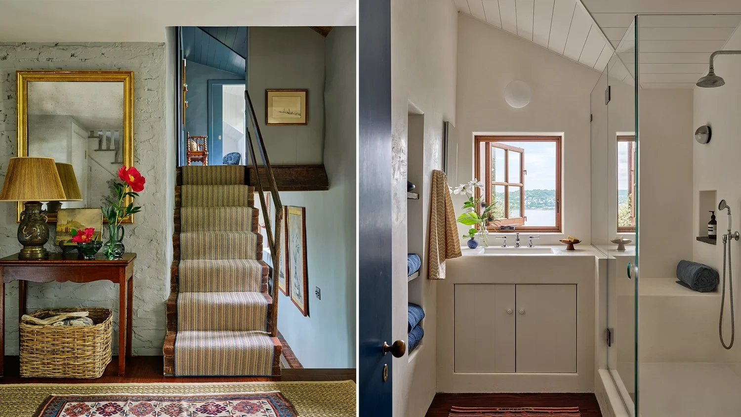 Split view of a cozy home interior with a staircase on the left and a bright bathroom with a view of the outdoors on the right.