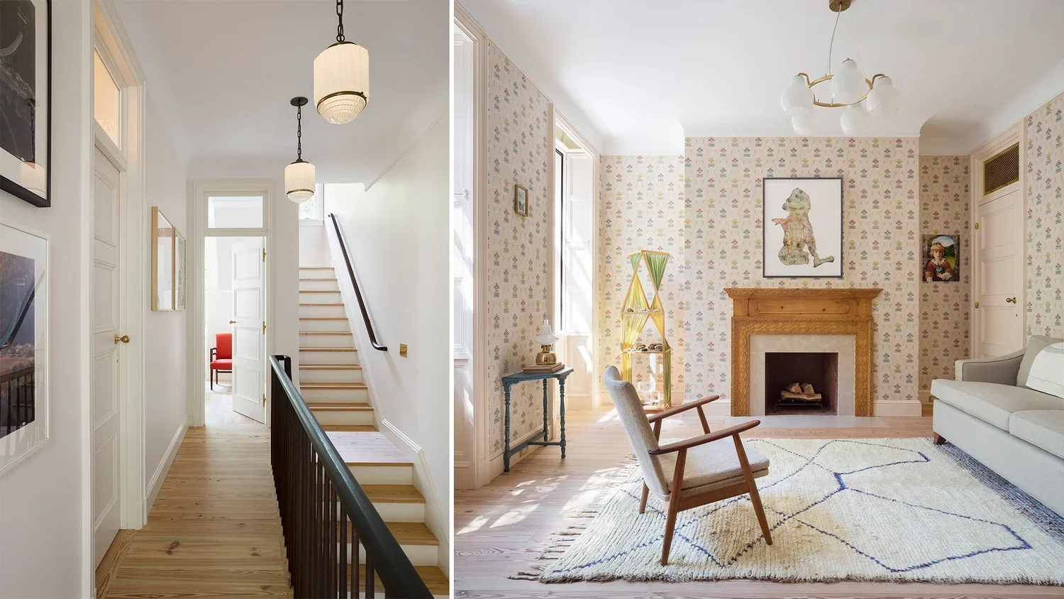 Side-by-side comparison of two interior rooms, a hallway on the left with white walls, wooden floors, and staircase, and a living room on the right with wallpaper, a fireplace, and furniture.