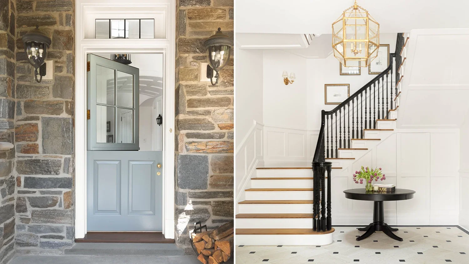 Split view of two interior home entry areas: on the left, a porch with a light blue door, stone walls, black outdoor sconces, and a pile of firewood; on the right, a white interior staircase with black railing, a round black table with a vase of flow