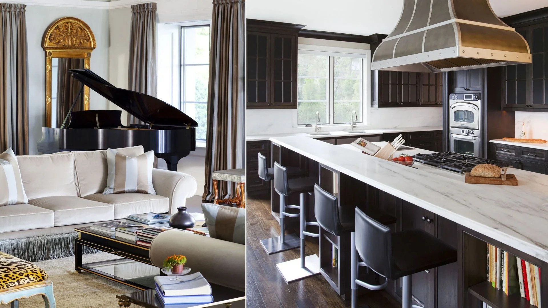 Split view of a living room with a grand piano and a beige couch on the left, and a modern kitchen with black cabinets, a white marble island, and bar stools on the right.