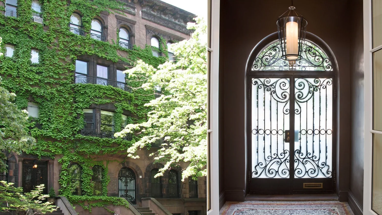 Left side shows a building covered with green ivy and climbing plants, with fire escapes and windows visible. Right side shows an ornate iron security door with decorative scrollwork, a semi-circular window above, and a hanging lantern overhead, insi