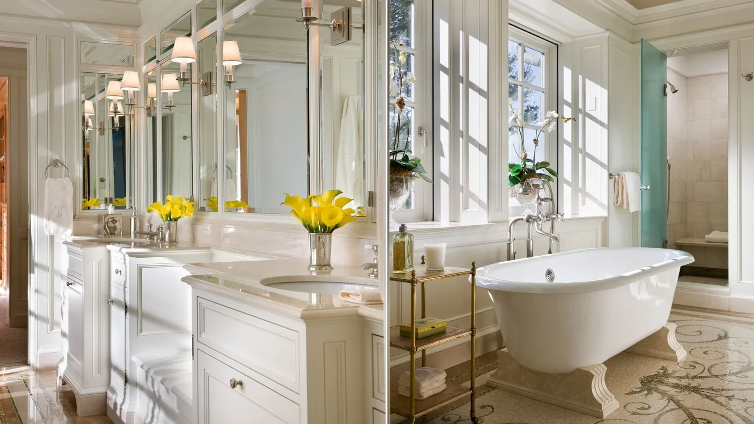 A luxurious bathroom with a double vanity, large mirror, and bright lighting on the left, and a bathtub by a window with natural light on the right, decorated with orchids and floral accents.
