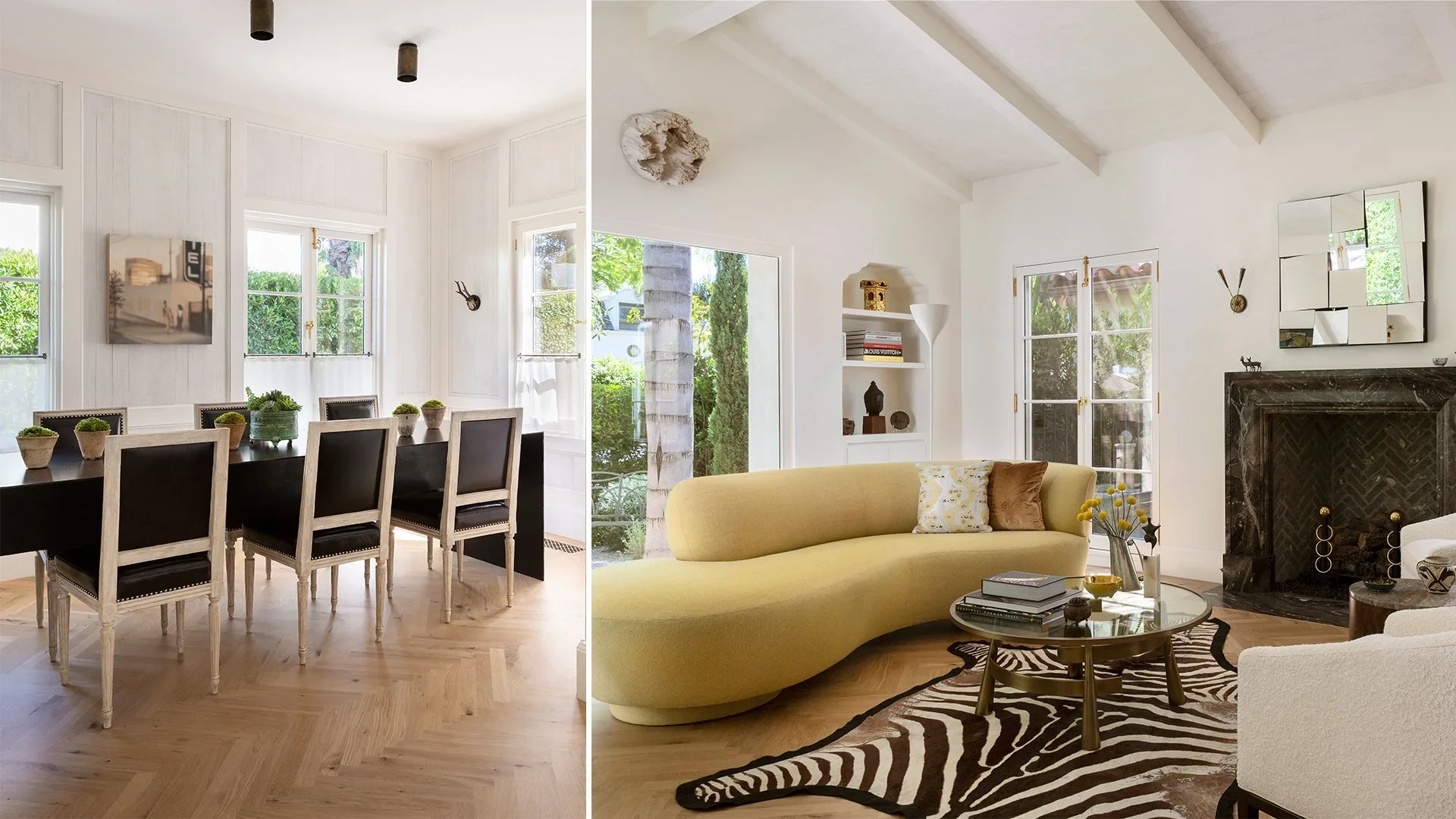 Split view of two living rooms featuring different furniture styles and decor: the left with a formal dining area with six black upholstered chairs and artwork on the wall, the right with a casual seating area with a yellow curved sofa, a zebra print