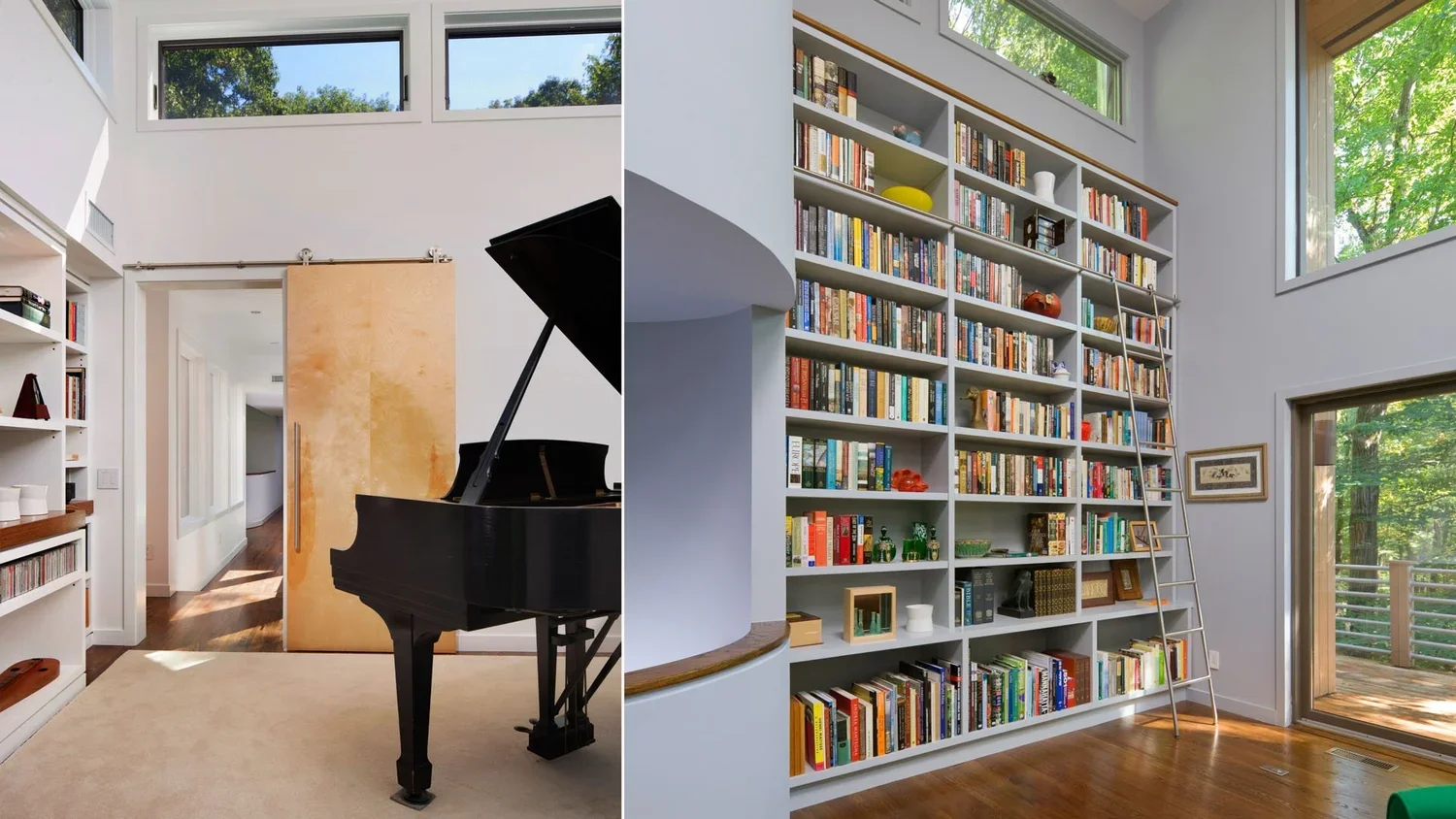 Comparison image of two rooms featuring large windows. The left room has a white wall, a beige carpet, white shelves, and a black grand piano. The right room has a high white wall with a large built-in bookshelf filled with books and decorative items