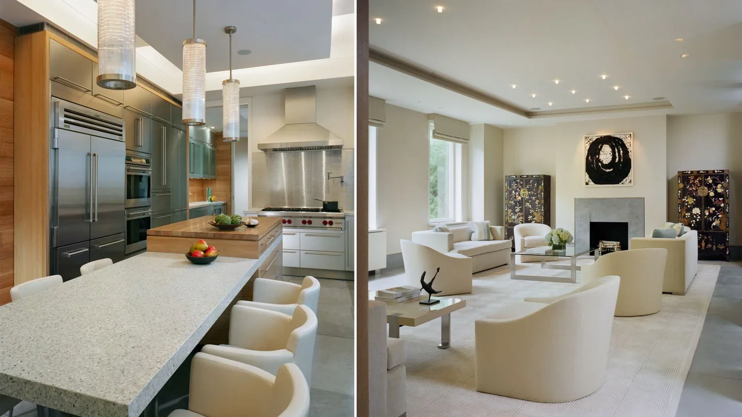 Split view of a modern kitchen on the left with stainless steel appliances, a kitchen island with a speckled countertop, and white chairs; living room on the right with beige sofas and armchairs, a fireplace, black and gold decorative cabinets, and m
