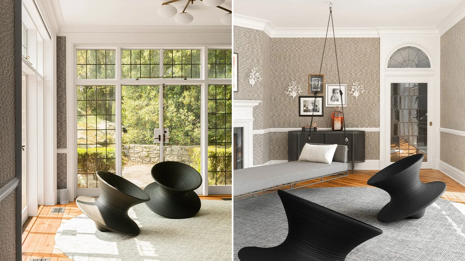 Split view of two indoor spaces. The left side shows a room with large glass doors, a white ceiling fan, two black modern chairs, and a light-colored rug on wooden flooring, with a view of a garden outside. The right side depicts a room with patterne