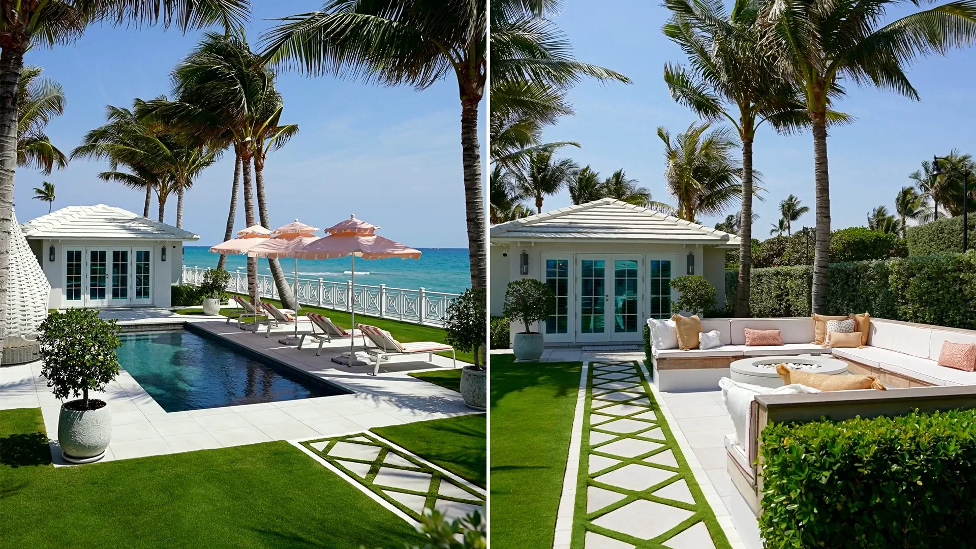 Side-by-side images of an outdoor living space at a luxurious seaside home. The left image shows a swimming pool with a patio area, lounge chairs with umbrellas, and a view of the ocean with palm trees. The right image depicts a cozy outdoor seating 