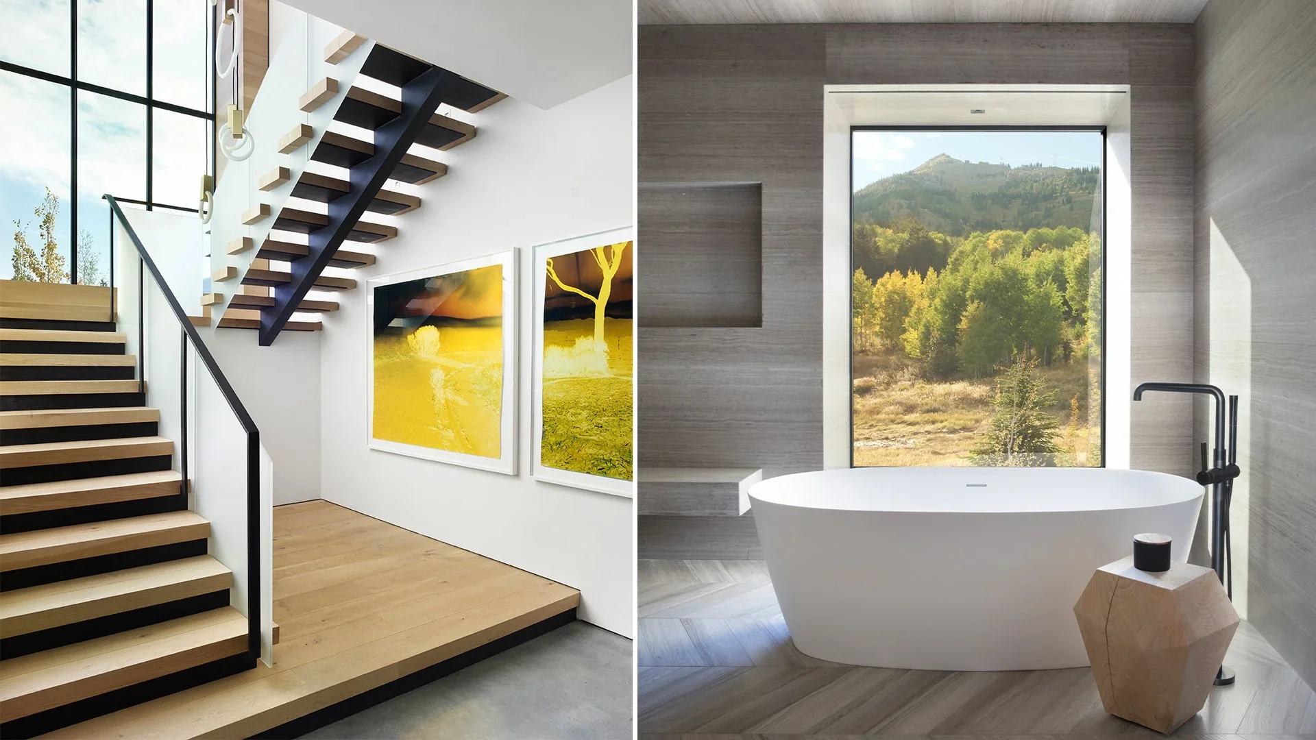 Split view of a modern interior, left side shows a staircase with black and wood tones, artwork on white wall; right side shows a bathroom with a freestanding bathtub, wooden side table, and large window overlooking a scenic landscape with trees and 