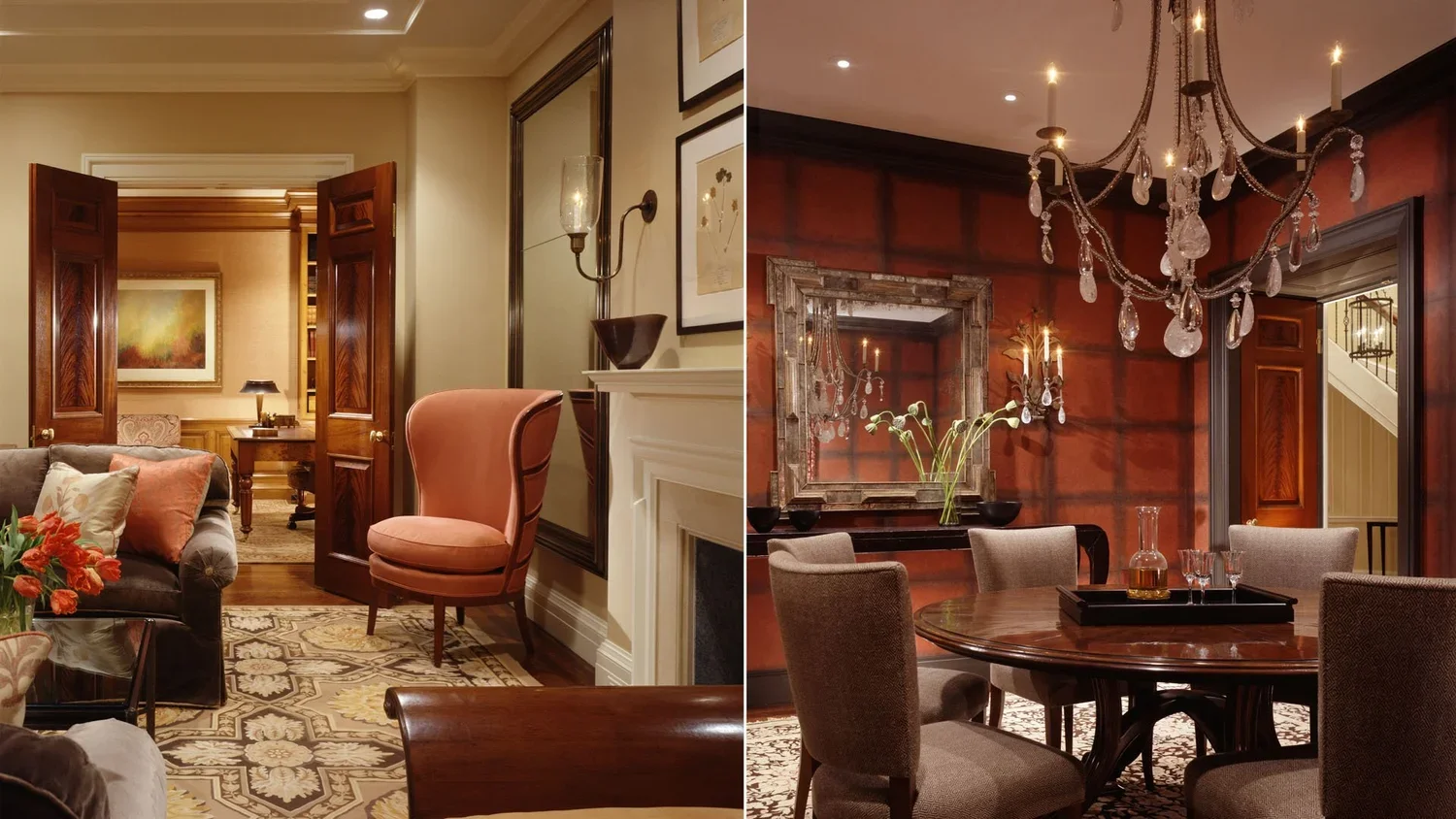 Comparison of two elegant interior rooms, one with a beige and pink color scheme and the other with a dark red and brown decor.