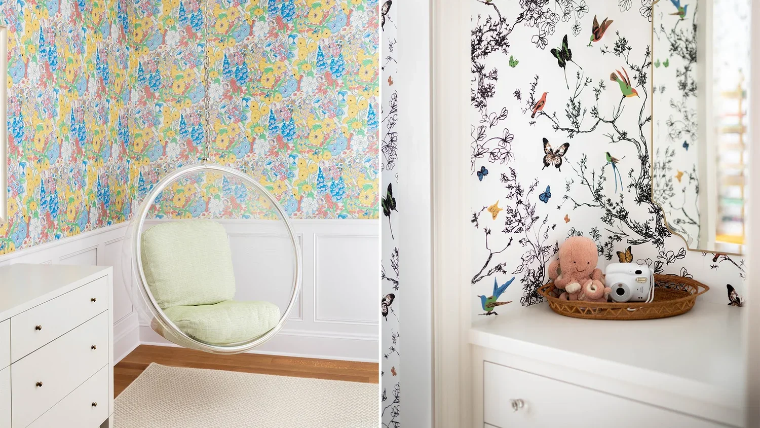 Side-by-side views of decorative walls in a room. The left image shows a colorful wallpaper with a butterfly pattern and a hanging transparent circular chair with light green cushion. The right image shows a white wall with a black branch and butterf