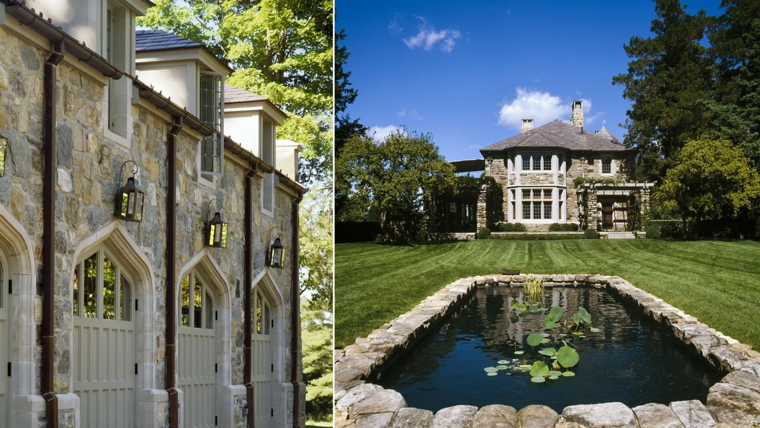 Side-by-side images of large estates; the left shows a stone house with tall, arched garage doors and lantern-style lights, surrounded by trees. The right displays a spacious lawn with a stone mansion, a pond with lily pads, and surrounding trees und