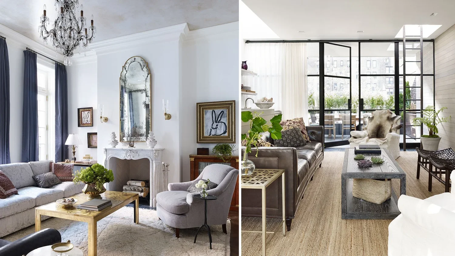 Comparison of two living rooms, one with classic elegant decor and the other with modern industrial style.