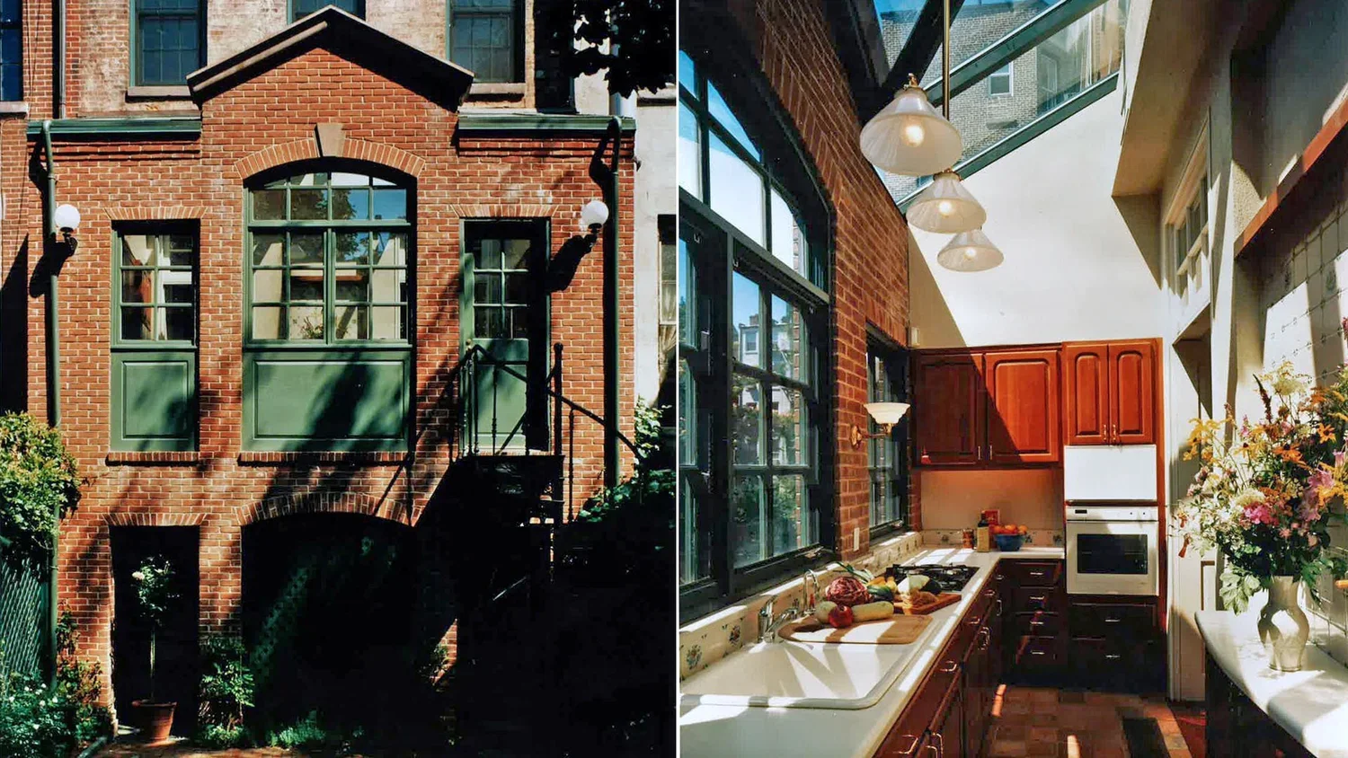 Side-by-side view of a brick building exterior with green window frames and an interior view of a kitchen with wooden cabinets, a white sink, and sunlight streaming through large windows.