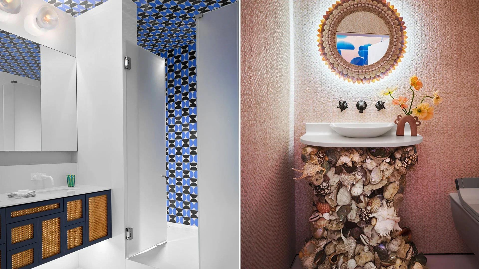 The image shows two bathrooms side by side, the left with a modern design featuring a white wall, geometric patterned blue, black, and white tiles, a mirror, and a blue cabinet with rattan accents. The right bathroom has a coral pink textured wall, a