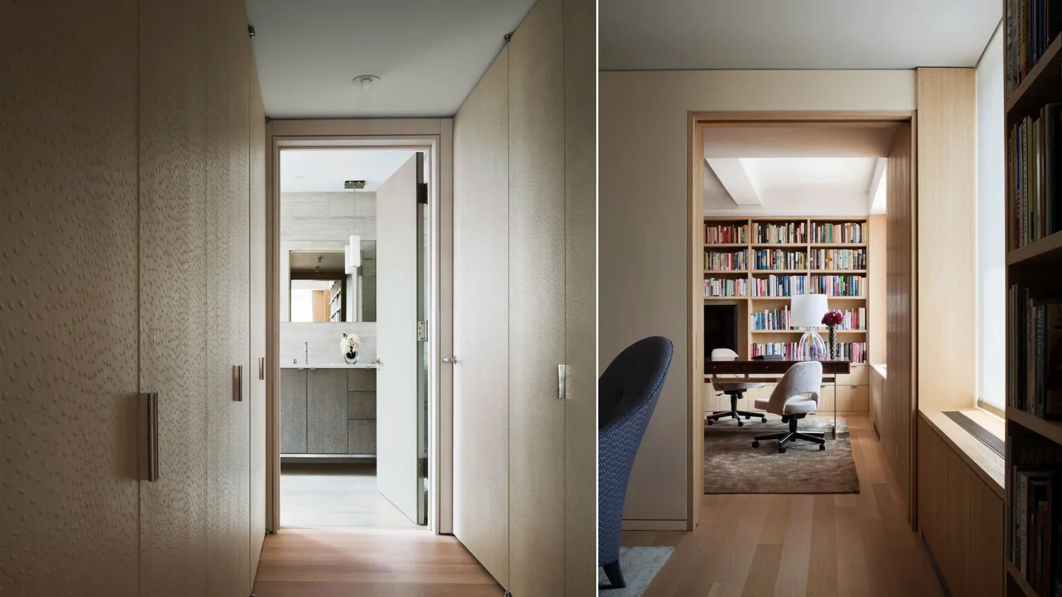 Side-by-side view of a hallway and a home office. The hallway has wood-paneled walls and a door leading to a bathroom. The home office is in a separate room with a large bookshelf, a desk, an office chair, and a window with natural light.