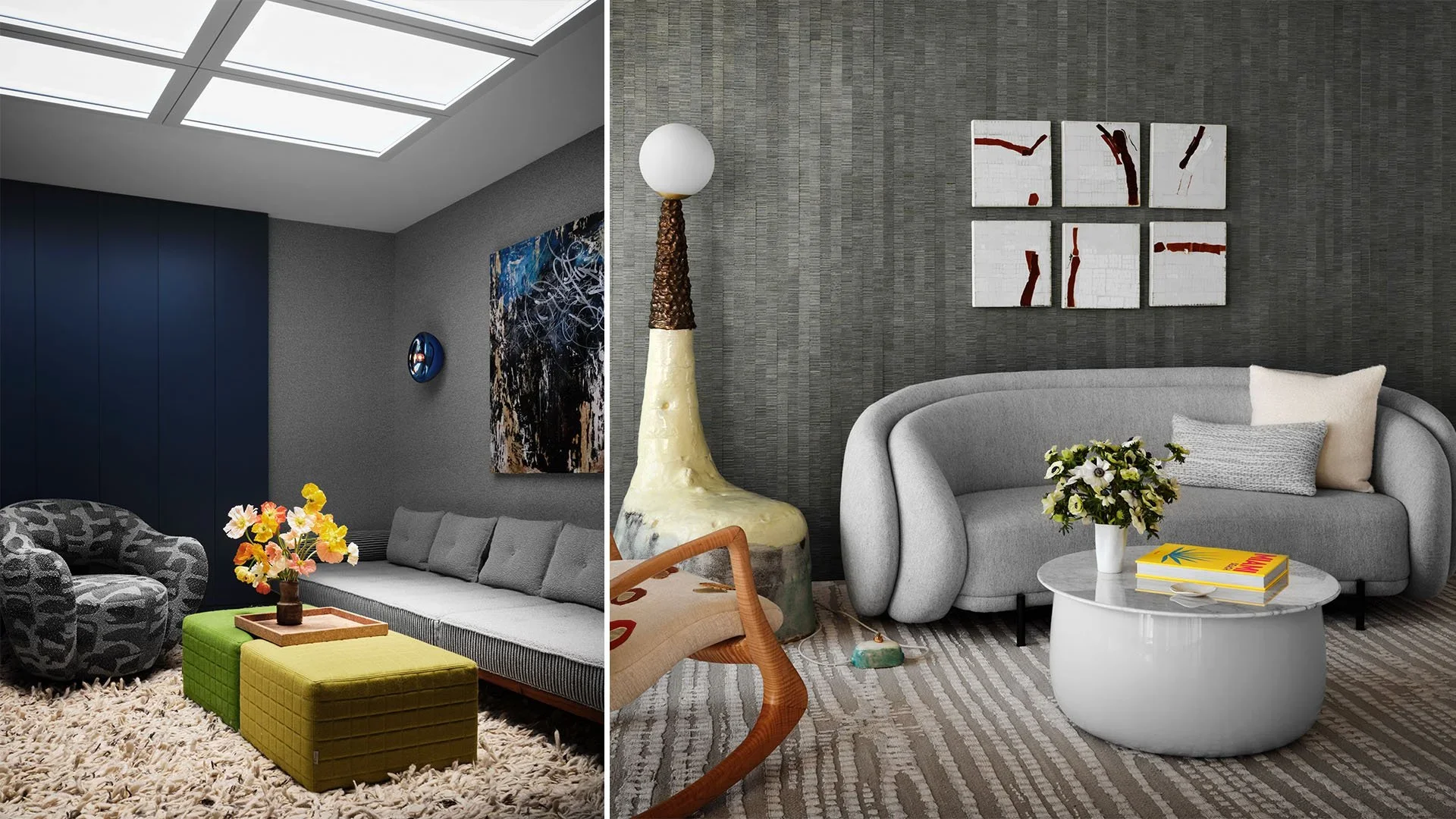Side by side views of two living rooms, both with modern decor and furniture. The left side features a ceiling with skylights, a gray textured wall, a large abstract painting, a long gray sofa with cushions, a patterned armchair, a yellow ottoman wit