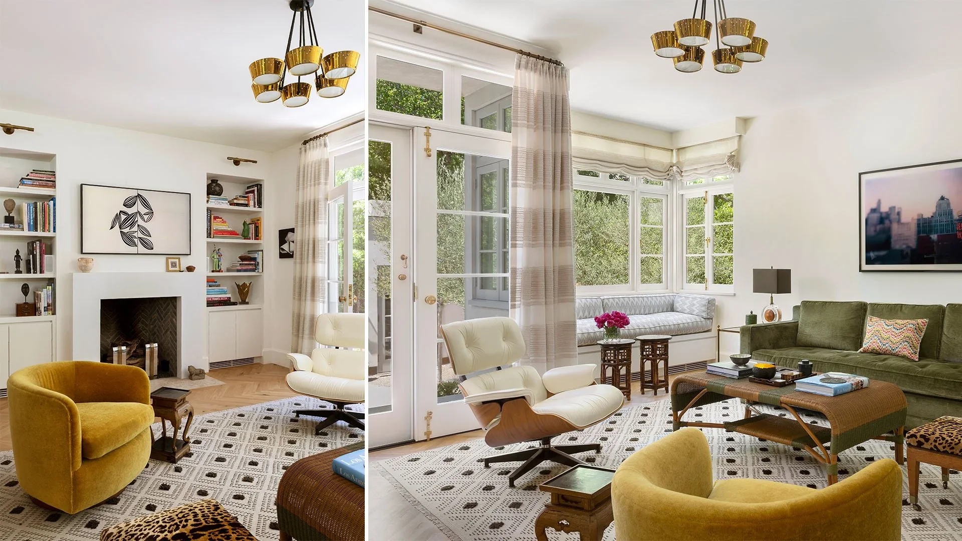 Side-by-side comparison of a living room before and after redecorating. The left shows an older, cozy space with a fireplace, bookshelves, and a yellow armchair. The right depicts a bright, modern living room with large windows, a bean bag chair, a g