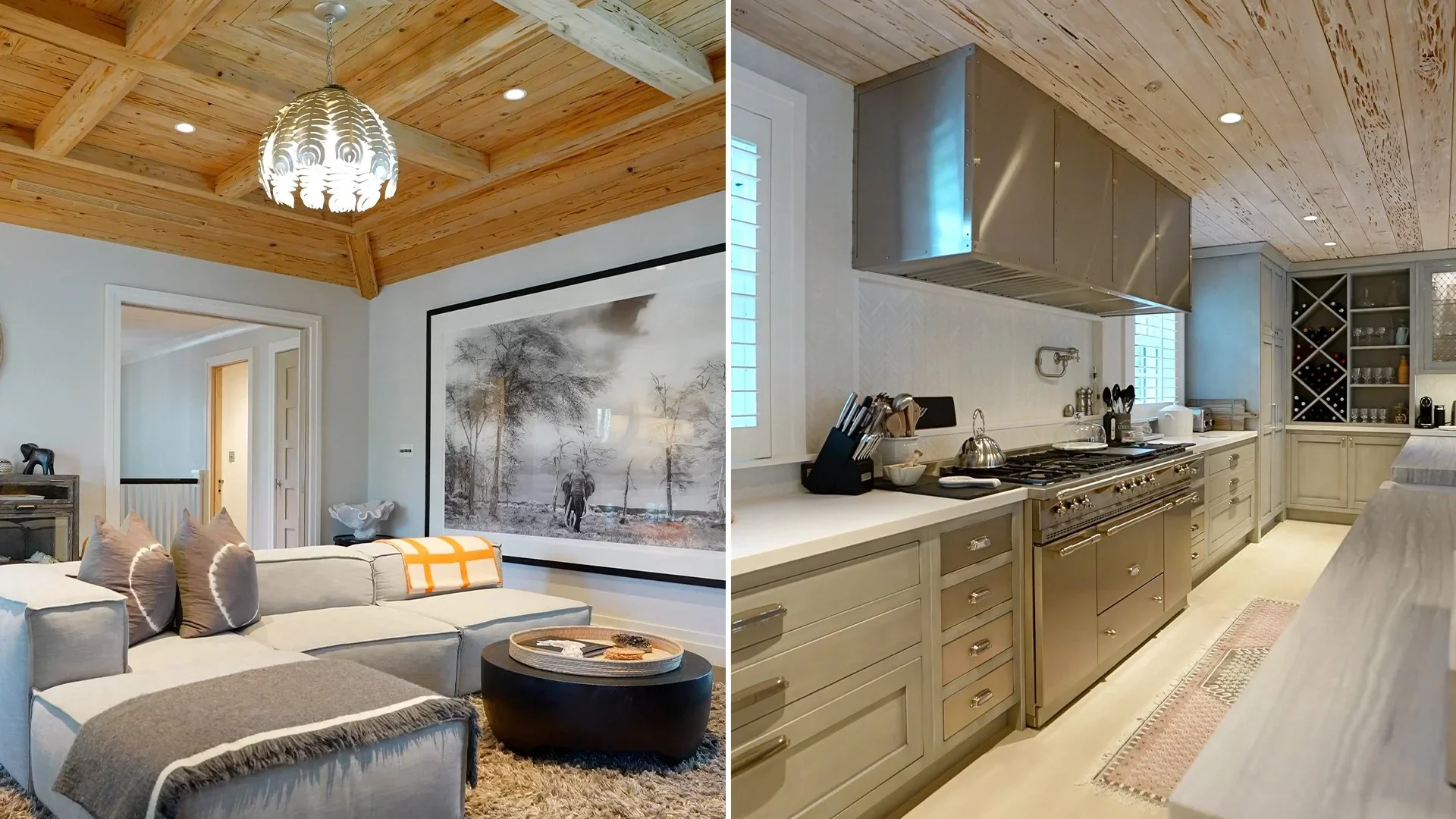 Side-by-side images of a living room with a wooden ceiling and a beige kitchen with a wooden ceiling.