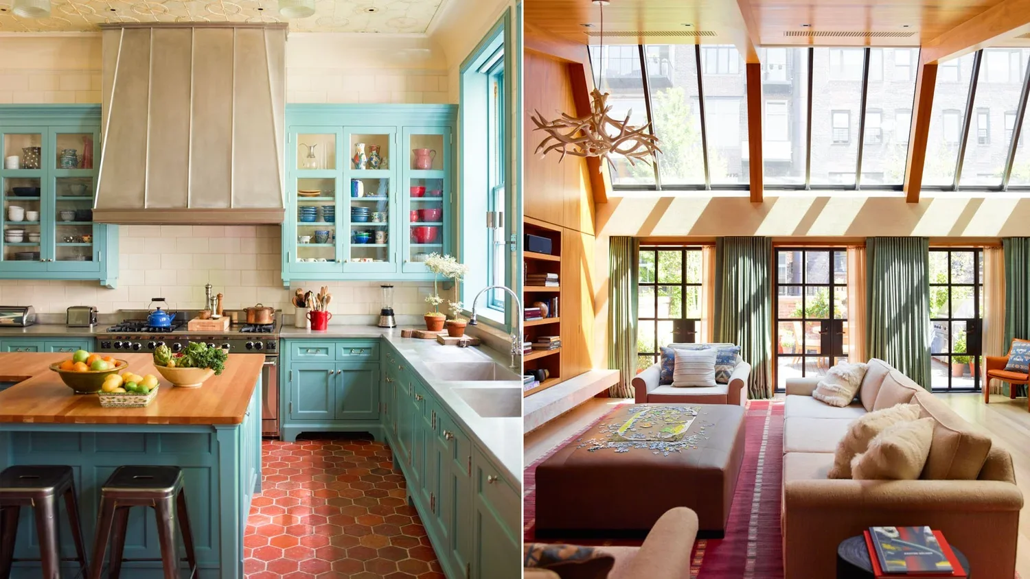 Side-by-side images of a kitchen and a living room. The kitchen has turquoise cabinets, open glass-fronted upper cabinets, a wooden island with bowls of fruit, and a stainless steel range hood. The living room features high ceilings with angled skyli