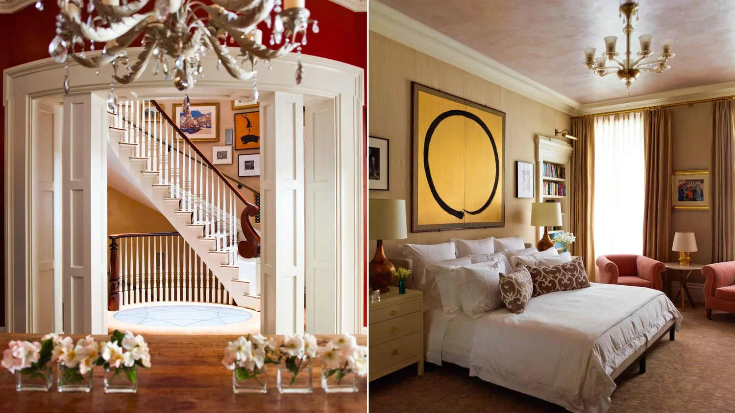 Split image showing an elegant staircase with wooden handrail and hanging chandelier on the left, and a cozy bedroom with beige walls, paintings, white bedding, bedside lamps, and pink armchairs on the right.