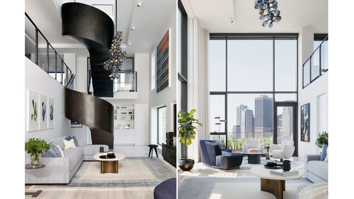 Split view of a modern living room with a black spiral staircase, large windows, abstract art, and contemporary furniture including sofas and armchairs.