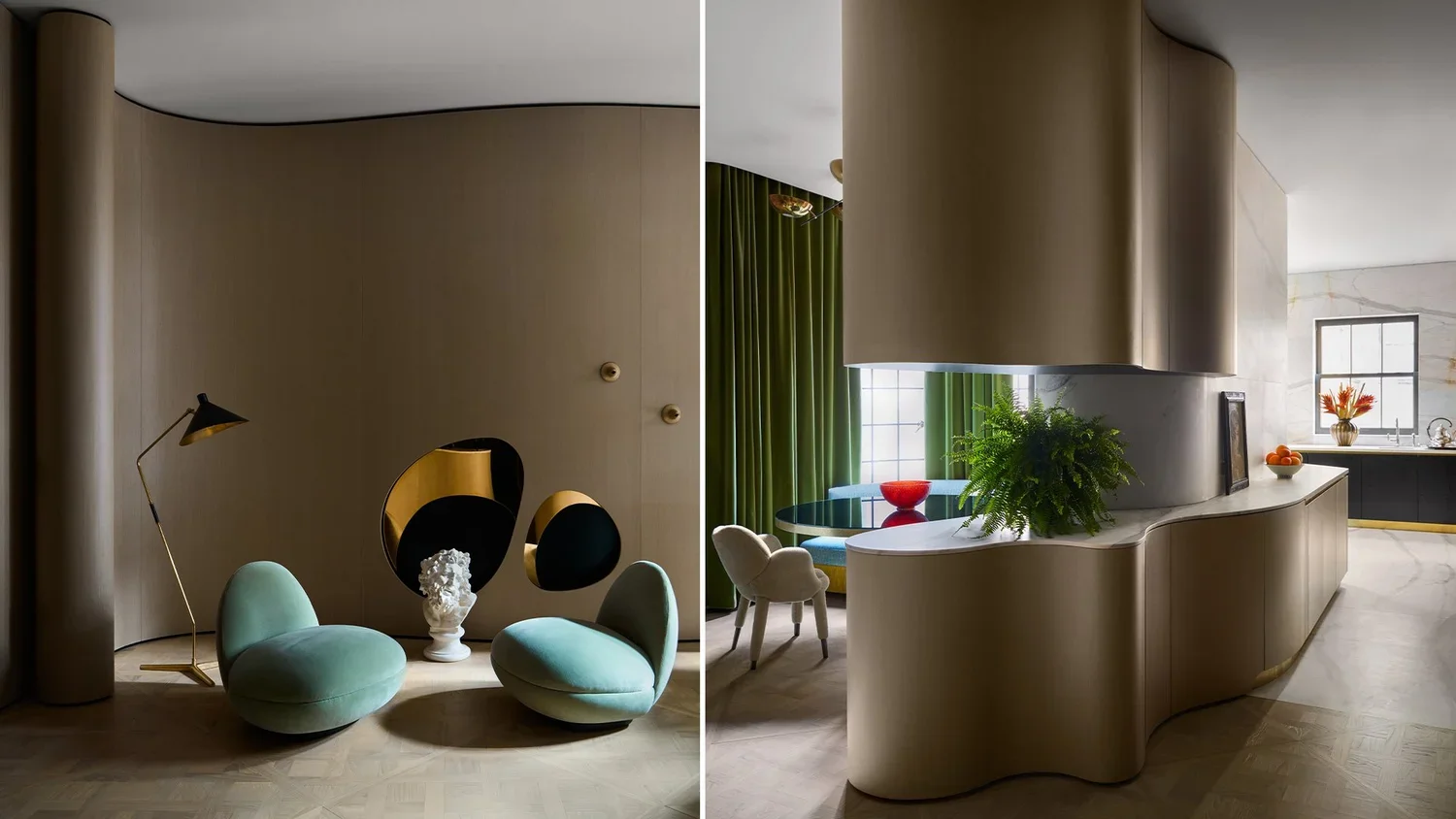 Split image of a modern interior: left side with two teal chair-like seating, a white bust statue, and a black and gold wall decor; right side with a curved beige counter, green curtains, a window with a floral arrangement, and a kitchen area.