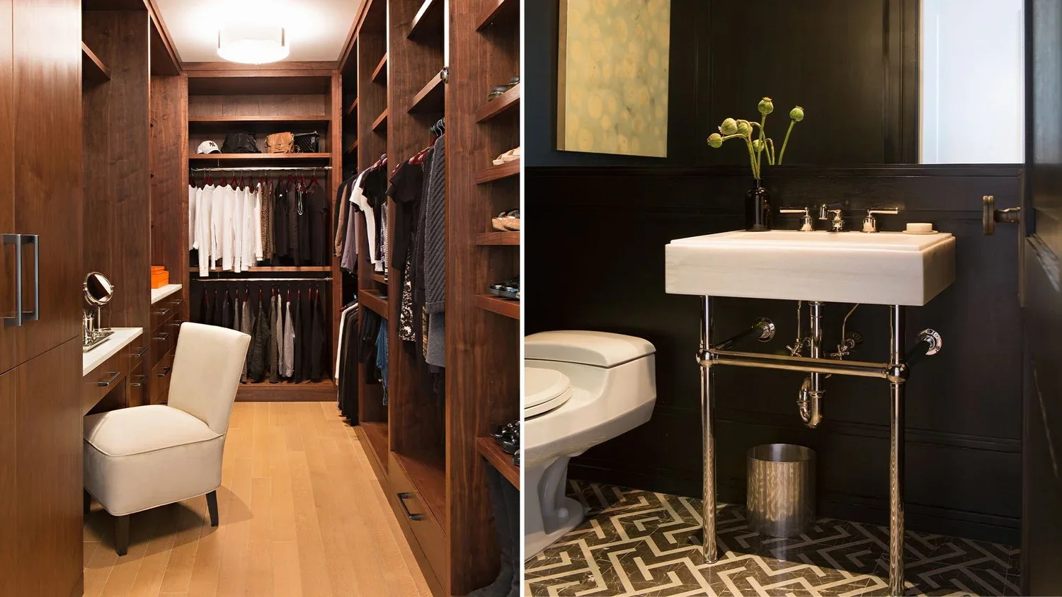 Side-by-side images of a walk-in closet with wooden shelving and hanging clothes on the left, and a modern bathroom with a black wall, white sink, and patterned floor on the right.