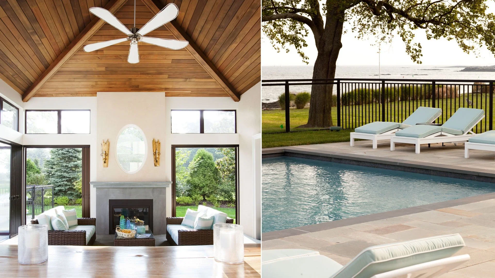 Interior view of a living room with a vaulted wooden ceiling, white walls, a fireplace, and outdoor greenery visible through large windows; exterior view of a pool with lounge chairs, a grassy area, a large tree, and a view of the ocean in the backgr