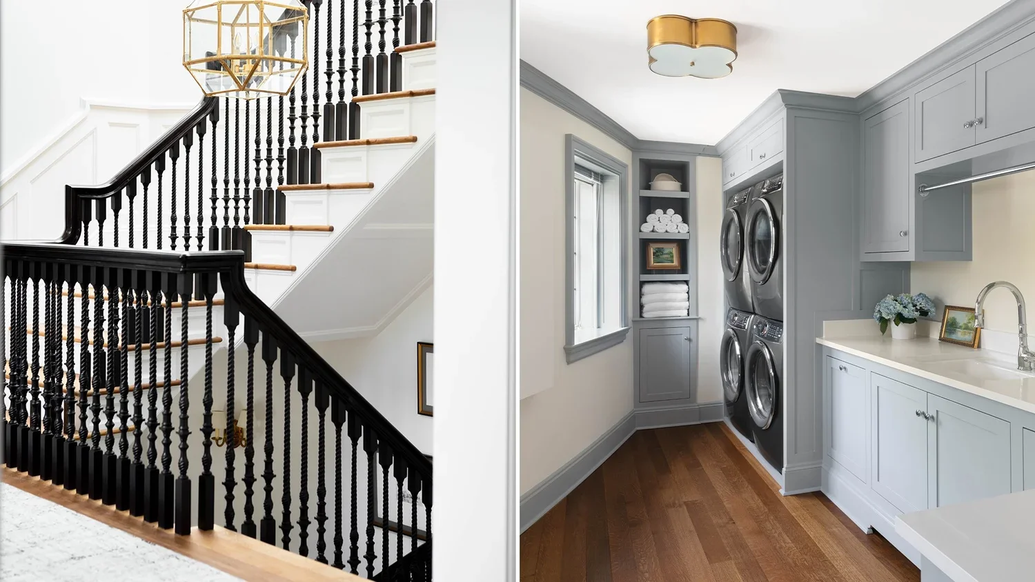 Split view of a staircase with black railing and a laundry room with stacked washers and dryers in a home.