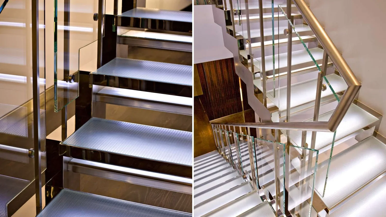 Comparison of two modern staircases with metal and glass railings, one viewed from below and the other from above, in a well-lit interior.
