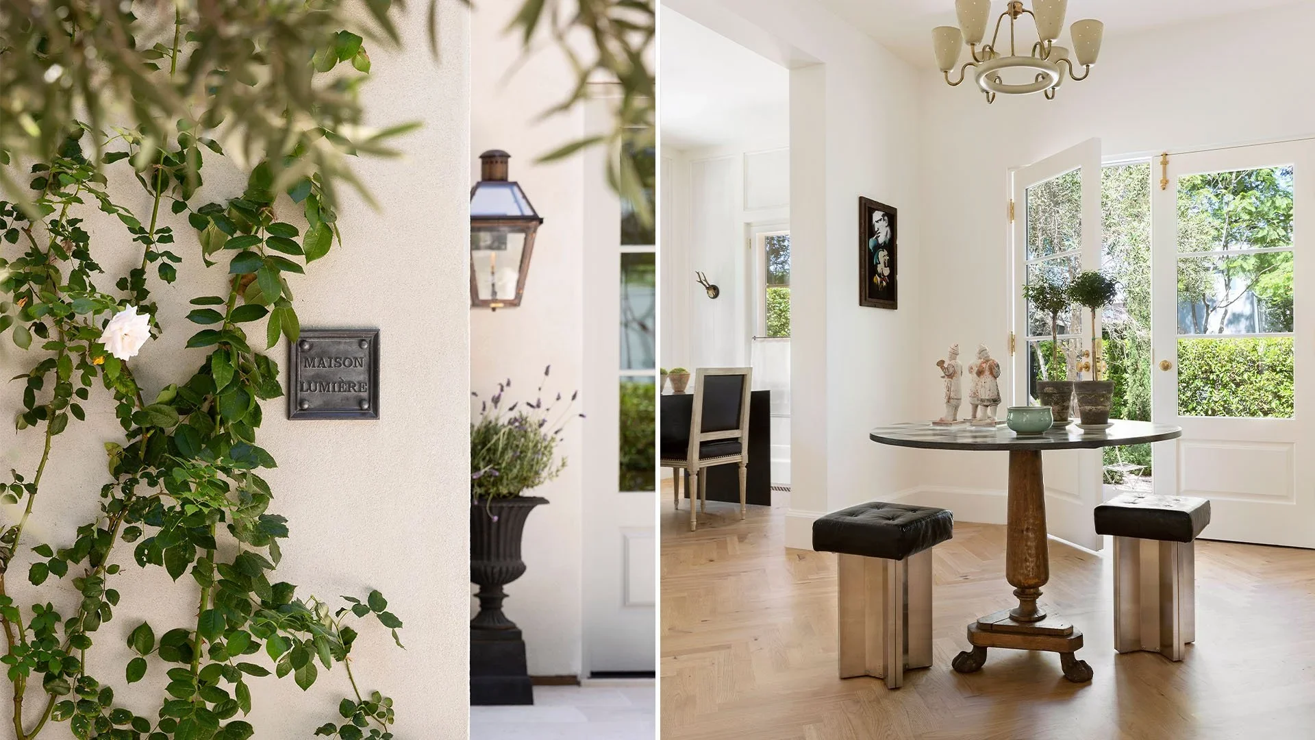 Split view of the interior and exterior of a house. On the left, a close-up of a cream-colored wall with green leafy plants and a black metal sign reading 'MAISON LUMIÈRE'. On the right, a bright, airy dining room with large windows, a round wooden t
