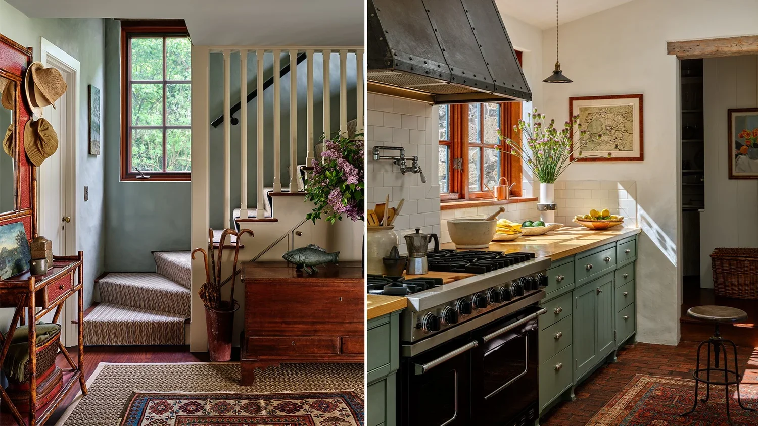 Side-by-side images of a home interior. The left side shows an entryway with a staircase, a window, a wooden bench, and a coat rack with hats. The right side shows a cozy kitchen with a stove, countertops, a window with a flower vase, and kitchen ute