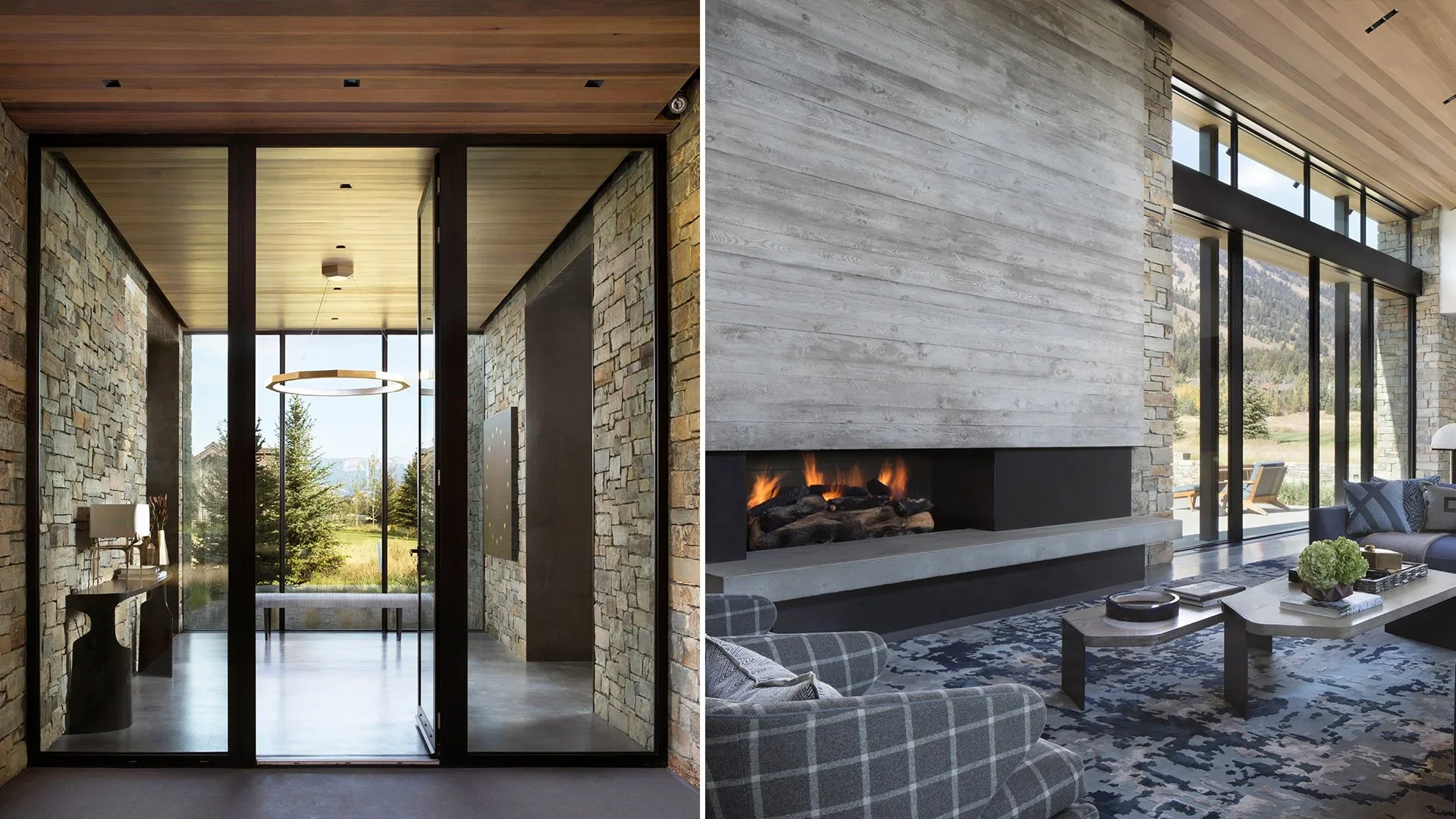 Split view of a modern interior with large windows. The left side shows an entryway with stone walls, a wooden ceiling, and a hanging light fixture. The right side displays a living room with a stone and wood fireplace, large glass doors, a plaid arm
