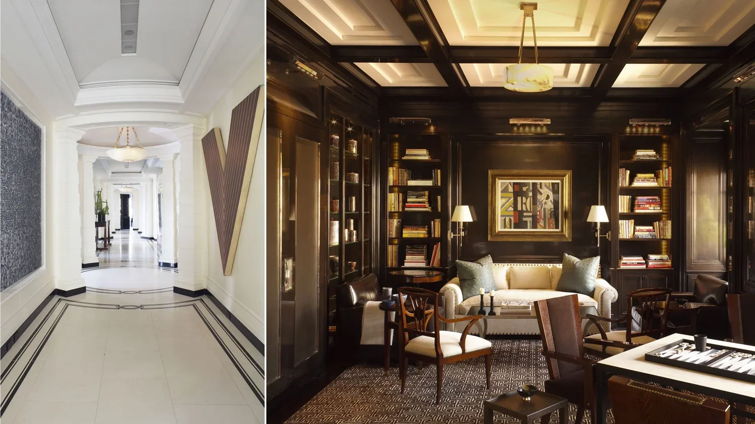 Side-by-side images of interior spaces: the left shows a bright, white hallway with ornate molding, a chandelier, and a decorative wall feature, while the right depicts a dark, elegant living room with black wood paneling, built-in bookshelves, a whi