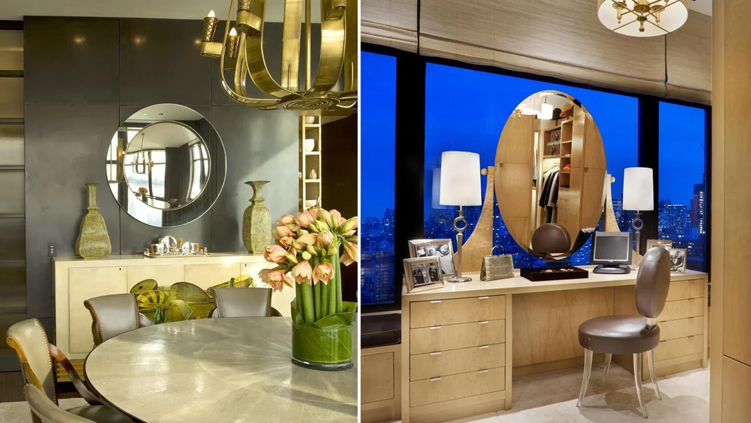 Split view of two rooms; left shows a dining area with a large round table, chairs, a vase with flowers, mirror, and decorative vases, right shows a bedroom or dressing area with a desk, chair, lamps, mirror, framed photos, and city skyline window at