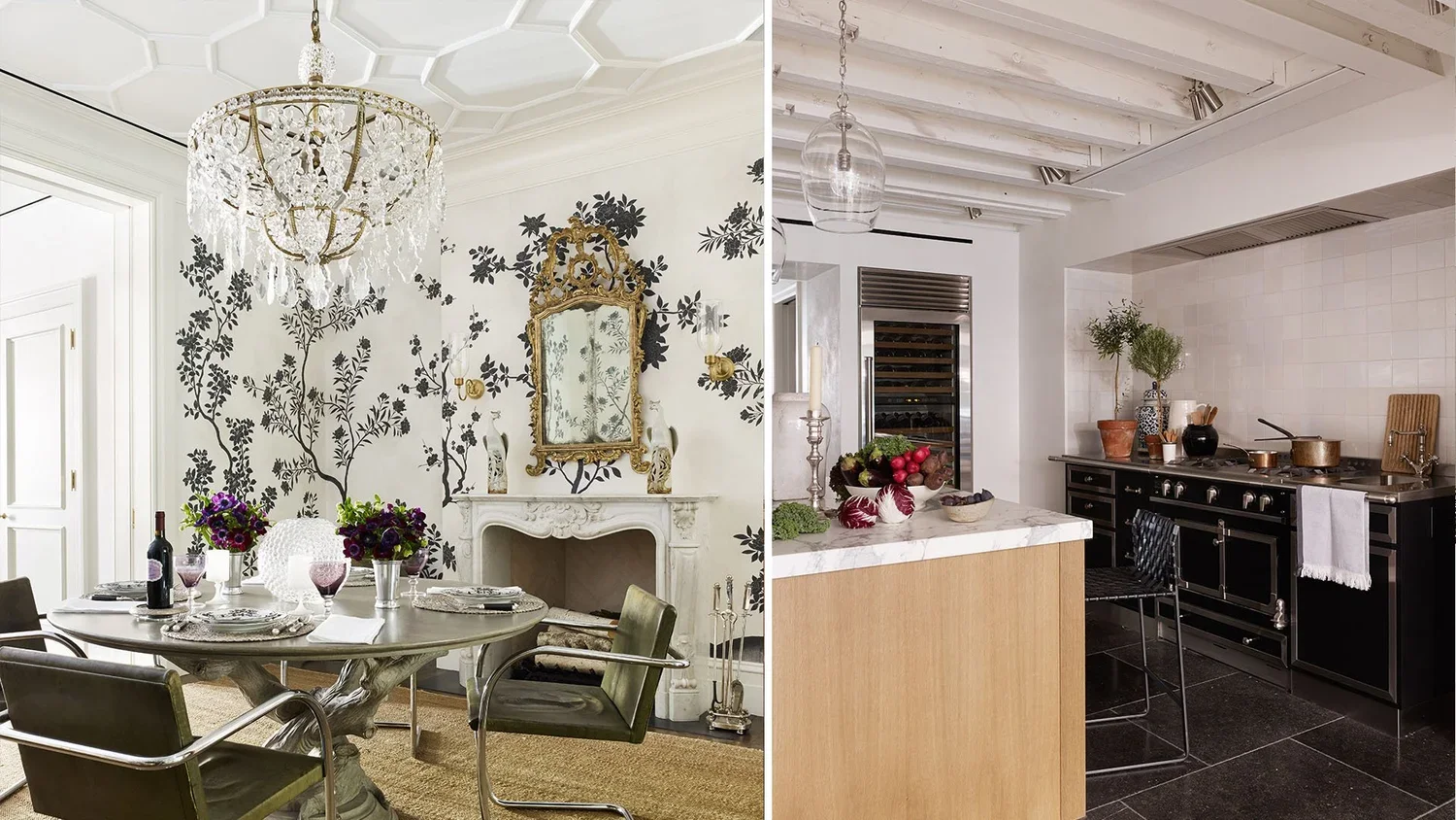 Split view of two kitchens; the left kitchen styled like a formal dining room with a white and gold ornate mirror, chandelier, floral wallpaper, and a round table set with flowers and wine, the right kitchen has a modern minimalist design with a whit