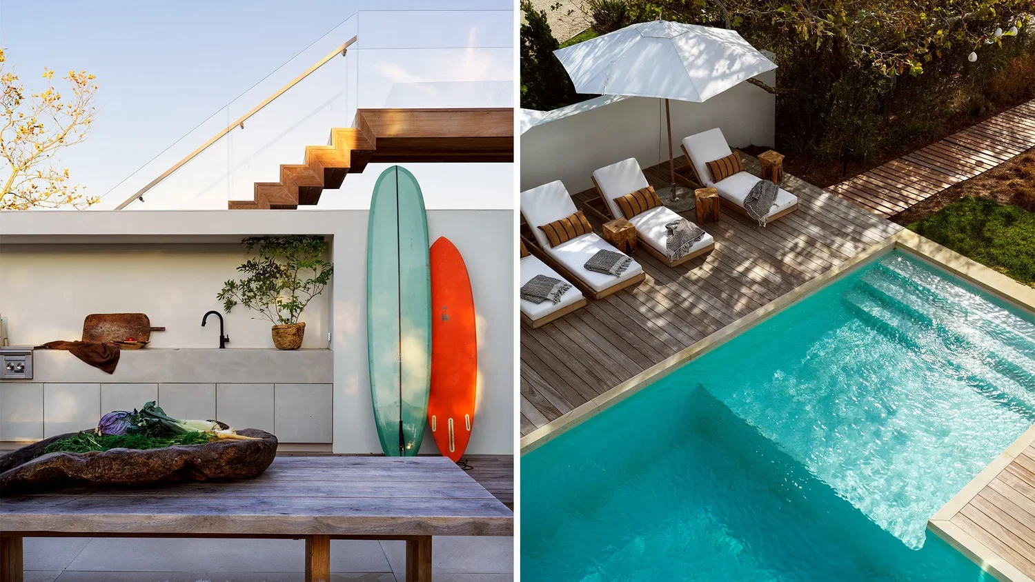 Split image showing outdoor areas of a modern home. The left side features a patio with a wooden table, surfboards, and a kitchen counter with a plant. The right side shows a swimming pool with four lounge chairs, an umbrella, and wooden deck.