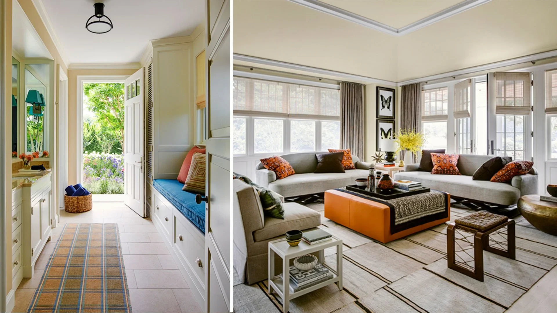 Comparison of two interior rooms, left features a bright entryway with a view of a garden, and right shows a cozy living room with multiple windows and seating.