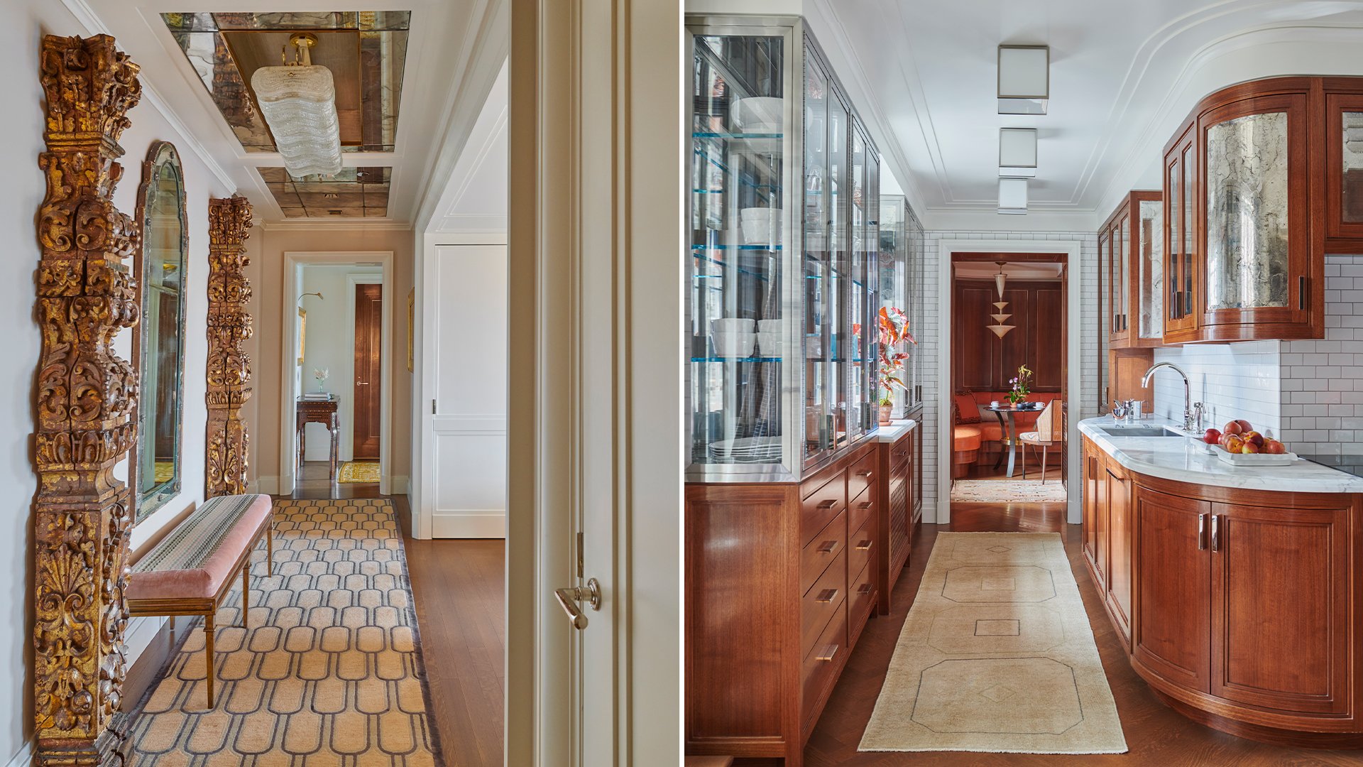 Split view of two interior areas: on the left, a hallway with ornate wooden wall decor, mirrors, and a pink bench against a patterned rug; on the right, a kitchen with wooden cabinetry, white subway tile backsplash, glass-front cabinets, and a beige 