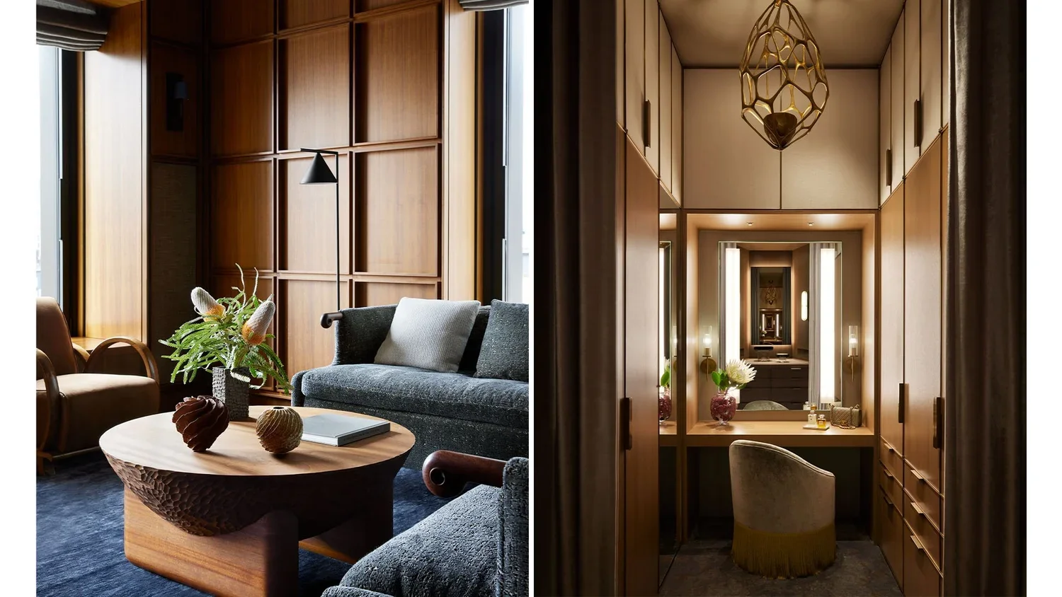 Split view of two elegant hotel interiors with wood-paneled walls. The left side shows a living room with a gray sofa, a wooden coffee table decorated with vases and books, and a brown armchair near large windows. The right side features a dressing a