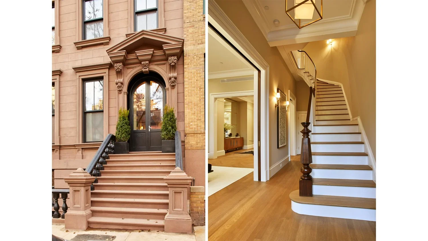 Comparison of two staircases: the left shows an outdoor brownstone staircase with a black door and two potted plants, the right shows an indoor wooden staircase with a white base and a wooden handrail, in a well-lit interior.