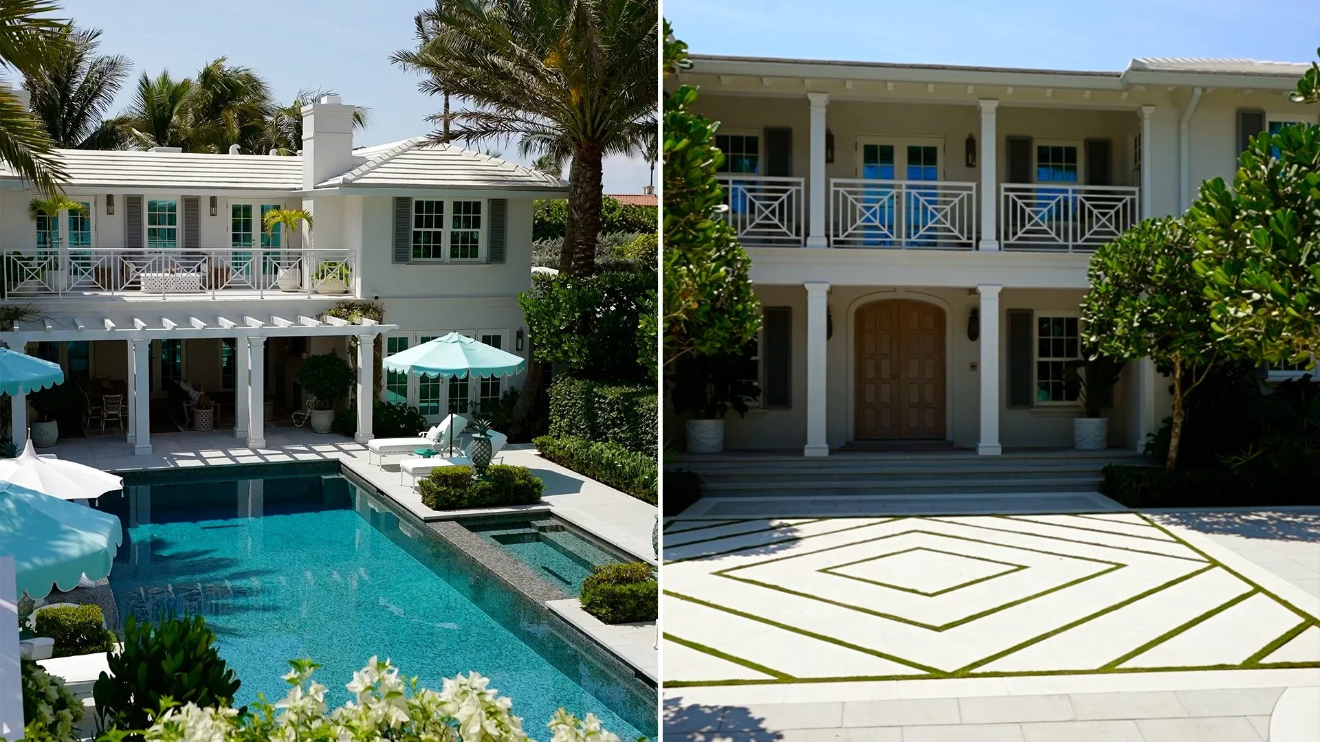 Comparison of a luxurious backyard with a swimming pool and shaded outdoor seating on the left, and the front entrance of a white two-story house with a geometric driveway on the right.