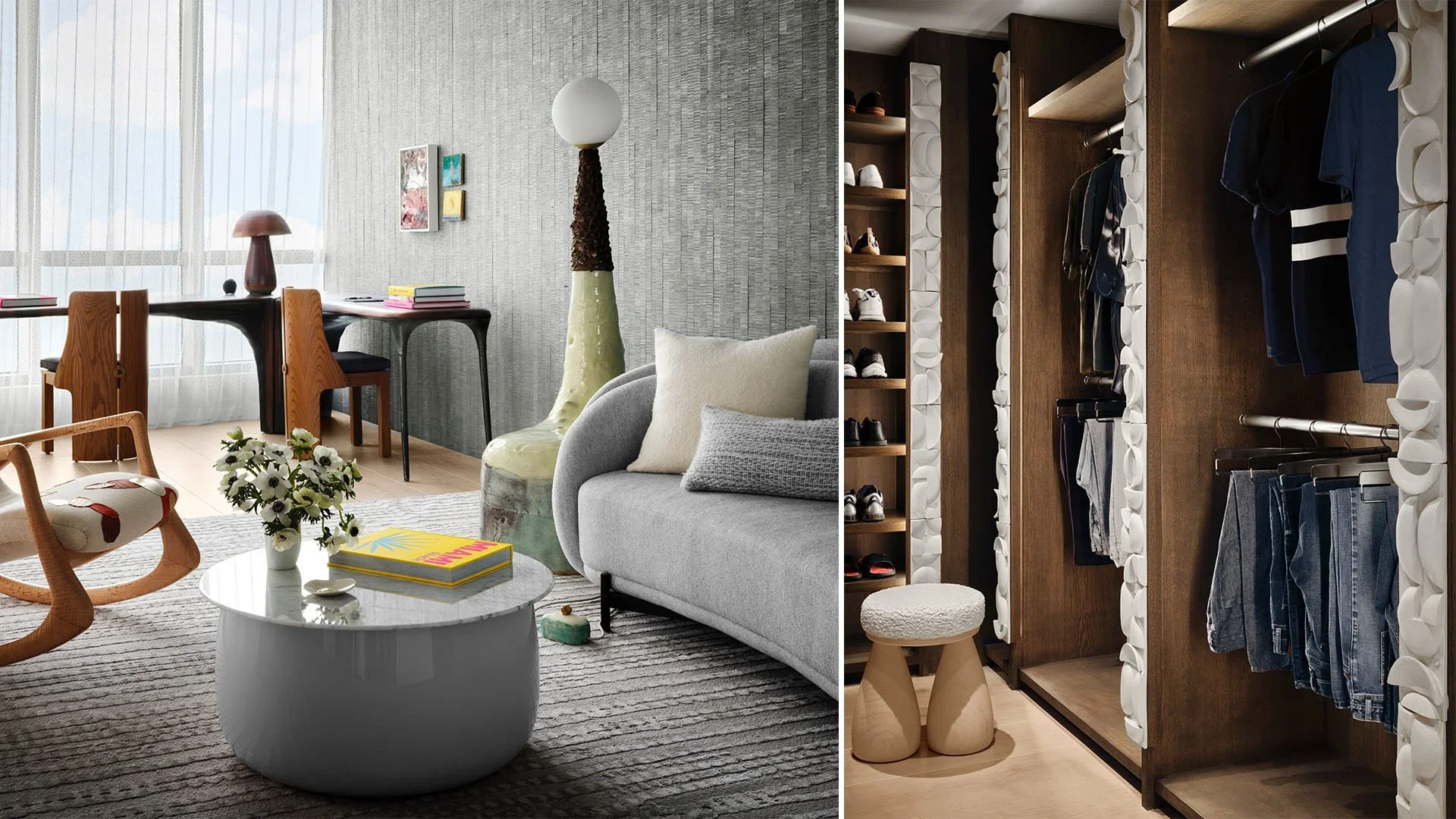 Split view of a modern living room on the left and a walk-in closet on the right.