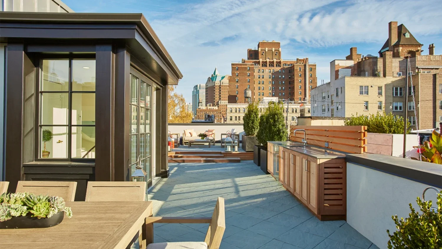 Rooftop patio with outdoor seating, potted plants, and cityscape skyline in the background.