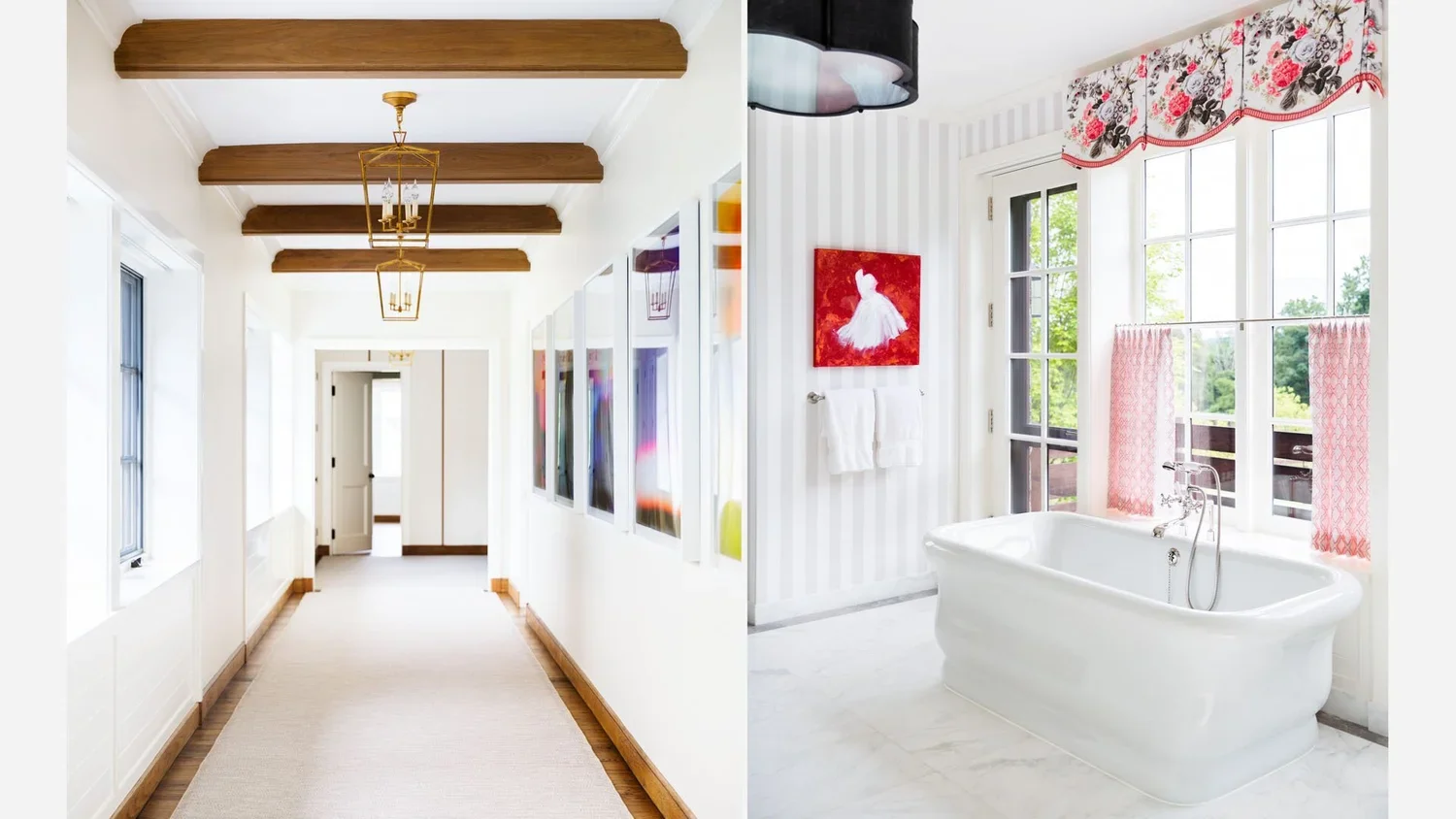 Split-screen image showing a hallway on the left with white walls, windows, wooden accents, and a beige carpet; and a bright bathroom on the right with a white bathtub, large windows, pink curtains, and a red painting on the wall.