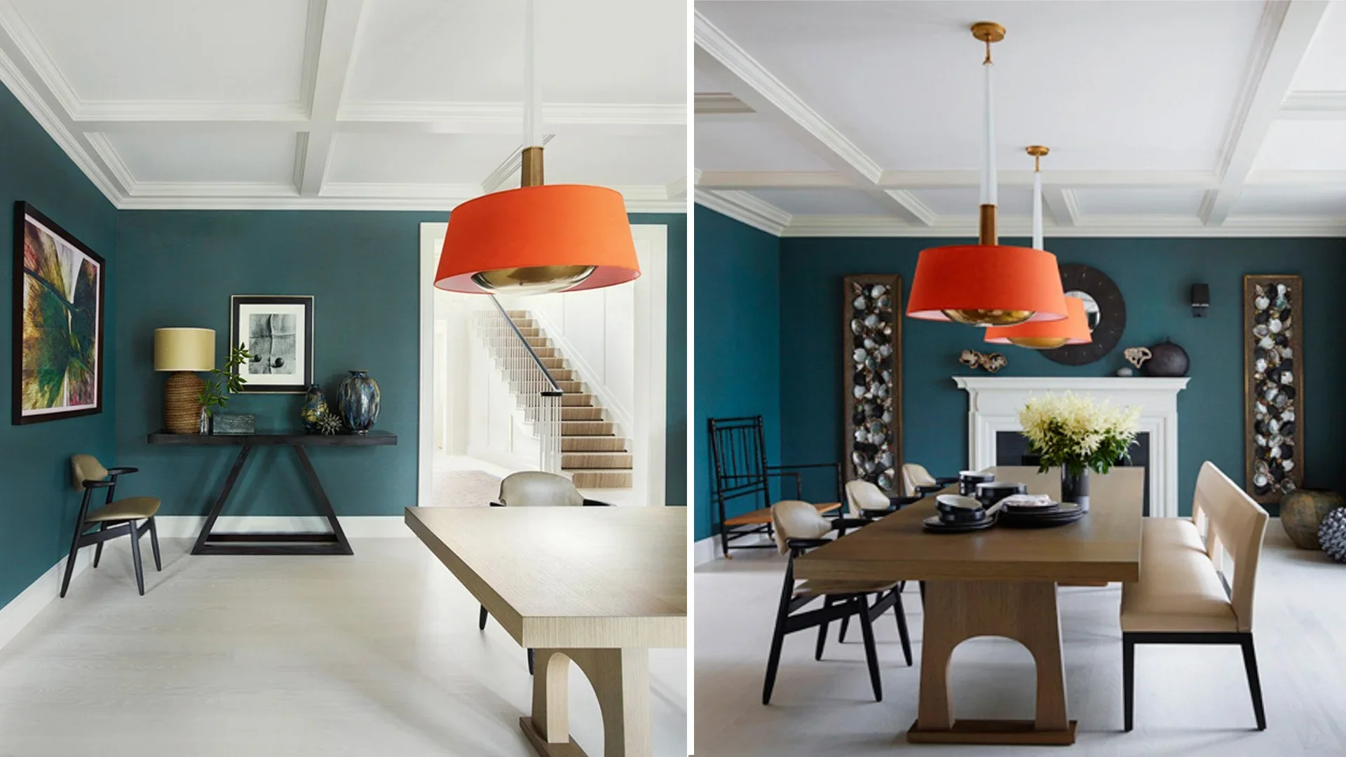 Side-by-side images of a dining room featuring a teal wall. The left shows a corner with a small black table, two decorative vases, and a chair, with a large colorful artwork on the wall. The right shows a larger dining table with black and beige cha