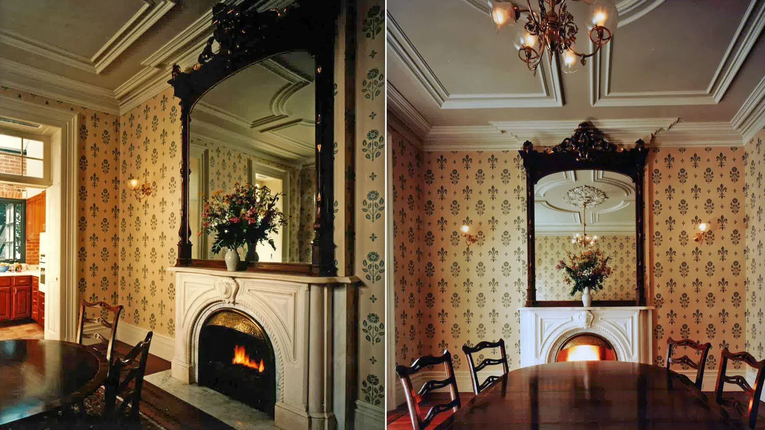 Comparison of a plywood fireplace design before and after restoration in a dining room with patterned wallpaper, a large mirror above the fireplace, a floral arrangement, and a dark wood table with chairs.