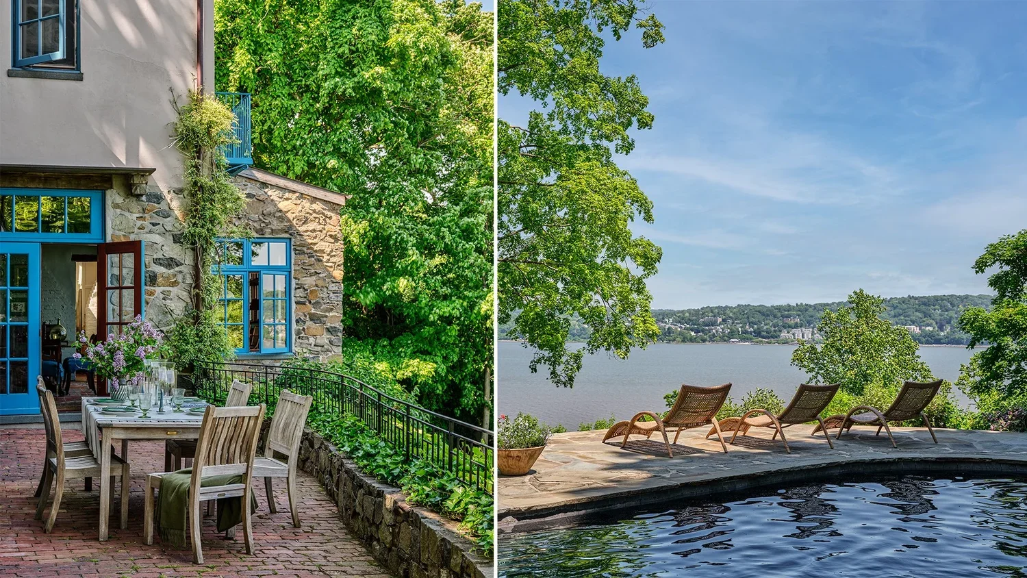 Split image showcasing two outdoor scenes: on the left, a brick patio with a dining table set with chairs, surrounded by a stone and brick building with blue-framed windows and lush green trees; on the right, a lakeside view with lounge chairs facing