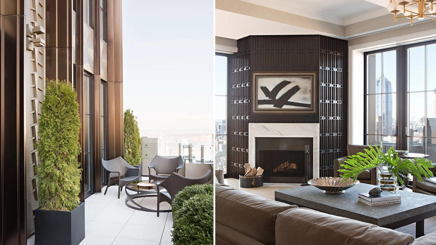 Side-by-side view of two modern living spaces, one on a balcony with outdoor seating and greenery, the other an interior with a fireplace, large windows, and contemporary decor.